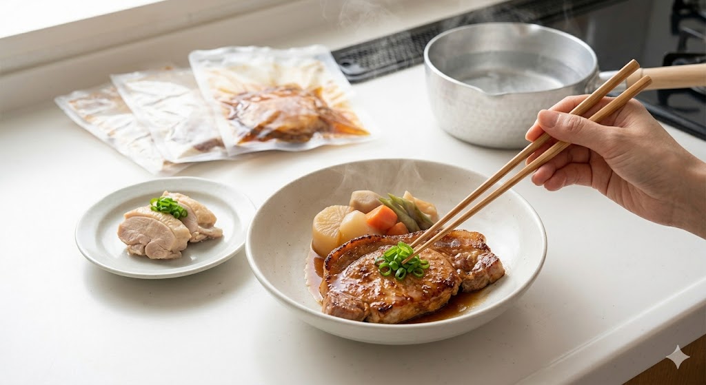 湯せんからサッと出して器に盛り付けた、国産食材100％の美味しそうな和食惣菜「わんまいる」